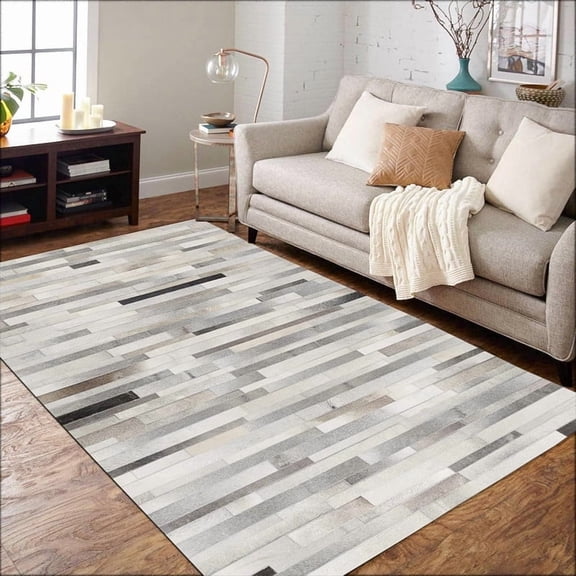 Handmade Patchwork Cowhide Modern Leather Area Rug Stripe Design - (9 x 12 FEET)