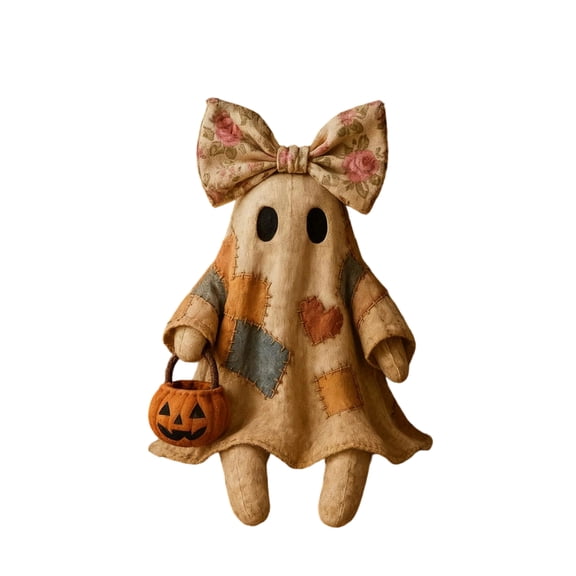 Handmade Patchwork Ghost Halloween Decoration with Floral Bow & Pumpkin Basket, Rustic Plush Ghost Figurine for Farmhouse Shelf Tabletop Autumn Spooky Seasonal Decor