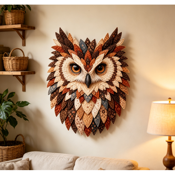 Handmade Patchwork Owl Wall Hanging DIY Kit Multi‑Layer Fabric Craft Supplies Vintage Textile Art Project for Living Space Wall Home Ornament Making (Brown)