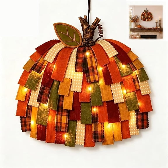 Handmade Patchwork Pumpkin Door Hanger,3D Fabric Led Lighted Fall Hanger, Rustic Farmhouse Wreath, Halloween Thanksgiving Front Decor