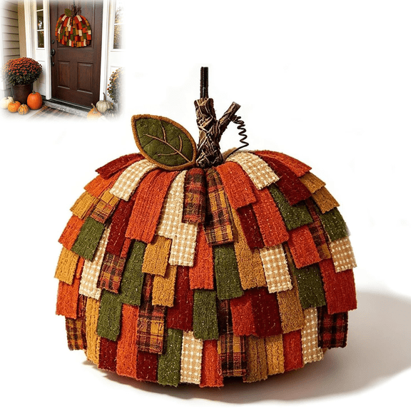 Handmade Patchwork Pumpkin Door Hanger, 3D Fabric Pumpkin Fall Door Decoration with Optional Warm LED Lights for Front Door