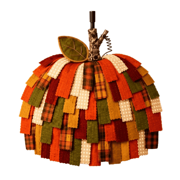 Handmade Patchwork Pumpkin Door Hanger – Rustic Fall & Thanksgiving Decor, 3D Layered Fabric Pumpkin with Twig Stem & Felt Leaf, Harvest Wreath Alternative for Front Door, Fireplace