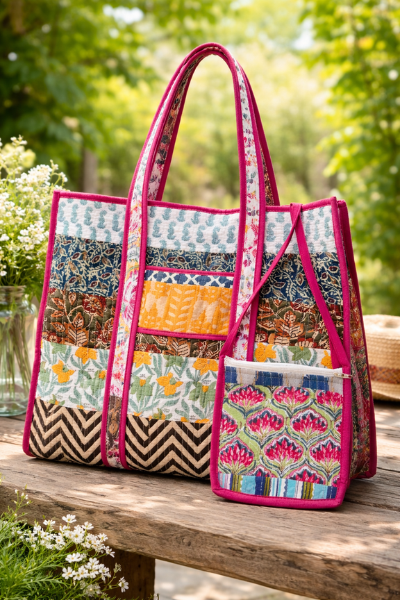 Handmade Patchwork Quilted Tote Bag, Reusable Cotton Shoulder Bag for Shopping, Travel, Work, Daily Use