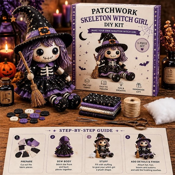 Handmade Patchwork Skeleton Witch DIY Sewing Kit for Halloween Holiday Projects with Embroidered Fabric Pieces and Creative Decorative Elements for Home Display, 9 Inch
