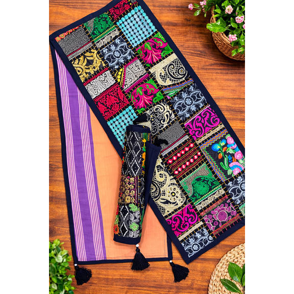 Handmade Patchwork Table Runner 36x12 Inches, Boho Quilted Cotton Runner with Tassels, Colorful Vintage Dining Table Decor