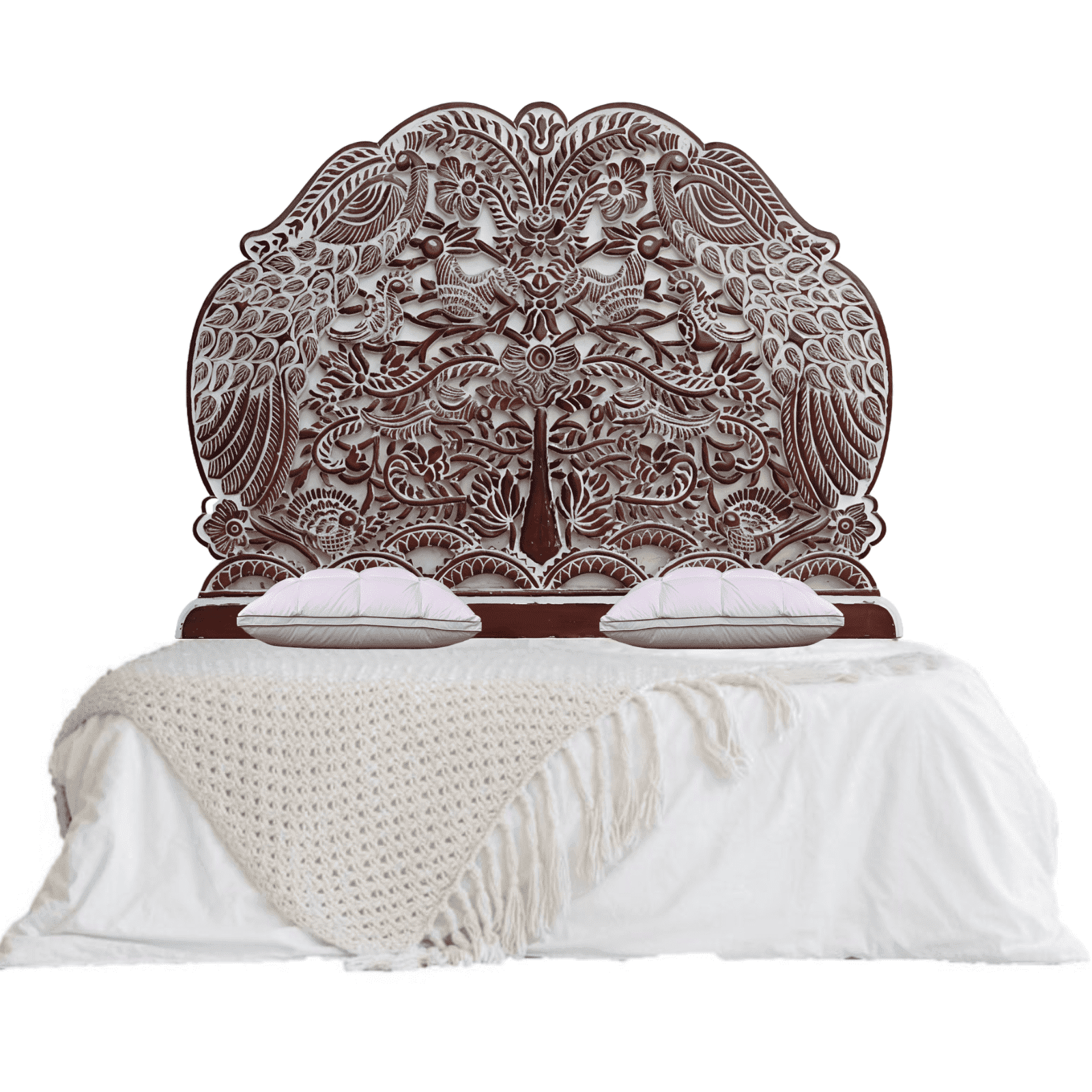 Handmade Peacock Bed Headboard White Wash Flower Hand Crafted Panels Wall  Mounted Art Hanging Wall Decor (Queen- 63x45x1 -inches), image size:1600x1600