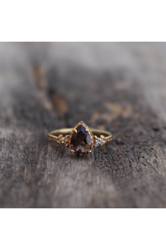 Handmade Pear Cut Smoky Quartz Ring in 14K Gold Plated Silver, Nature Inspired Filigree Leaf Ring