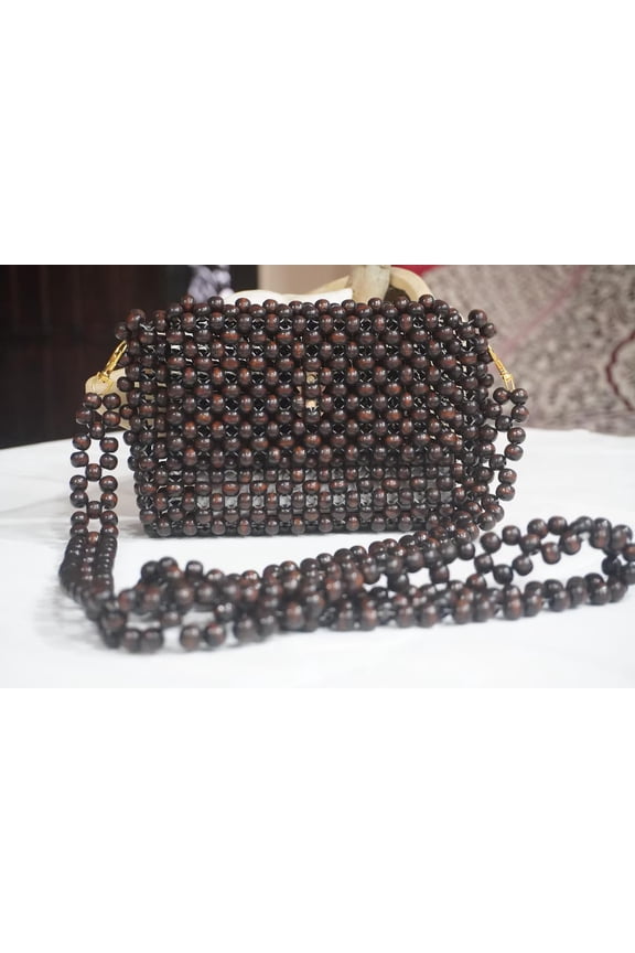 Handmade Pearl Beaded Bag for Women Bridal Wooden beads Evening Shoulder Bag, Wedding Beaded Purse, Elegant Party & Bridal Shower Handbag