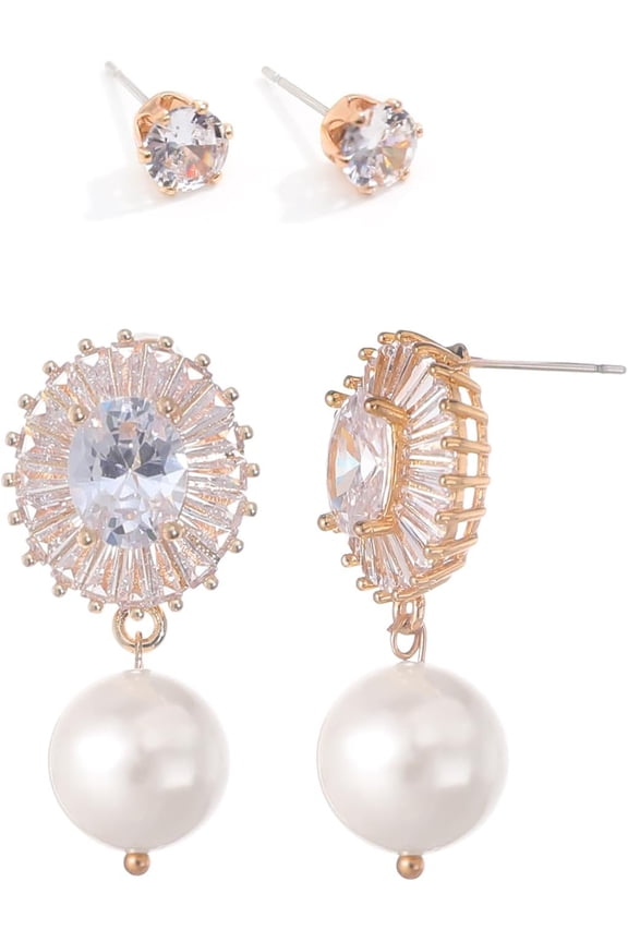 Handmade Pearl Bridal Stud Earrings, 4 Pcs Cubic Zirconia Drop Wedding Party Earrings Dangle Formal Jewelry for Brides Wedding Women Hypoallergenic