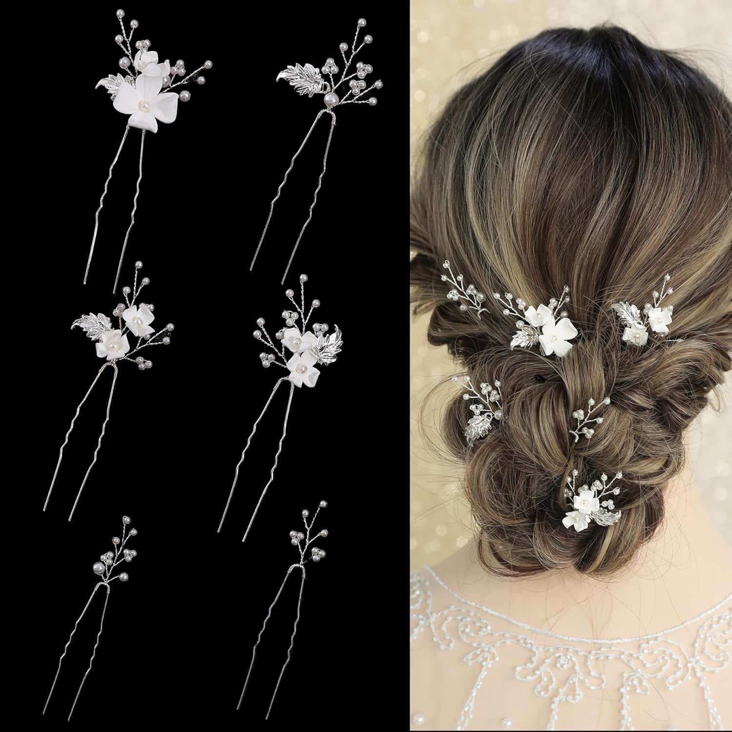 Bridal Pearl Hair Pins White Gold Leaf Flowers Clips Wedding Hair Accessories 6 PCS Pearl Bridal Wedding Hair Pins White Flower Gold Leaf  main image 2