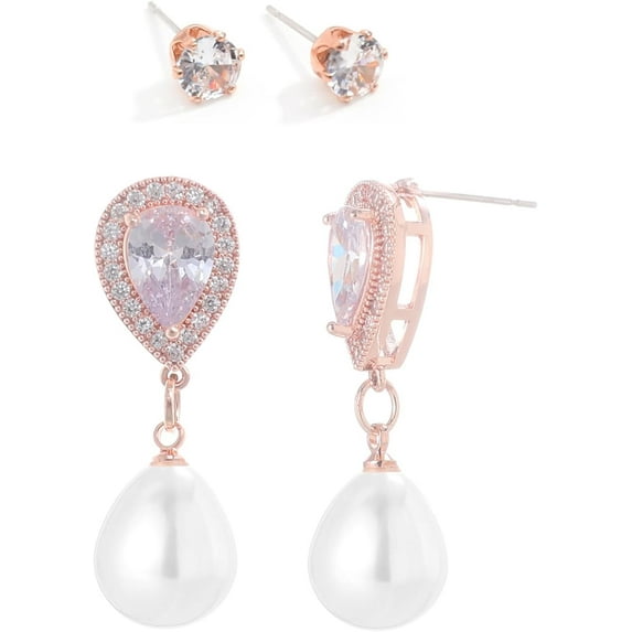 Handmade Pearl Dangle Earrings, 4 Pcs Zirconia Brides Earrings Teardrop Hypoallergenic Bridal Wedding Drop Jewelry for Party Wedding Bridesmaids Women Proms