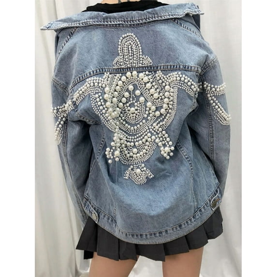 Handmade Pearl pattern Denim jacket for women Coats vintage loose coat long sleeve spring Autumn Outerwear female boho jackets