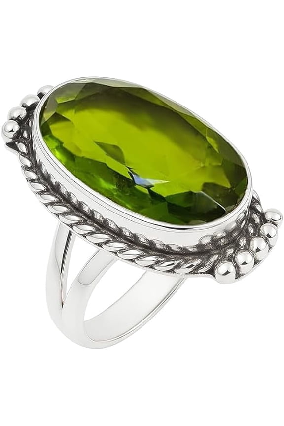 Handmade Peridot Ring – Vintage Oxidized Sterling Silver Jewelry, Healing Crystal Fashion Ring for Women August Birthstone Ring Size US 4
