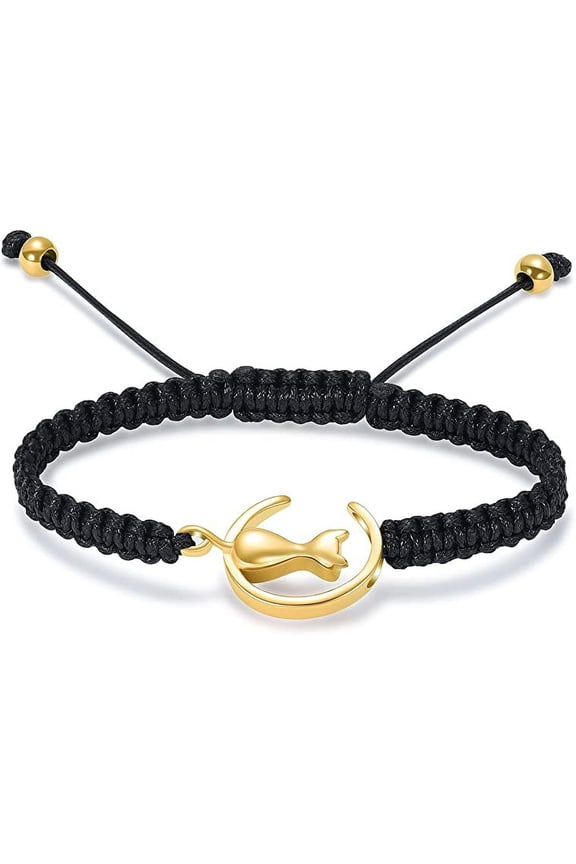Adjustable Cat Cremation Urn Bracelet for Pet Ashes Black Braided Rope Bangle Cremation Jewelry Urn Bracelet Memorial Keepsake Bangle