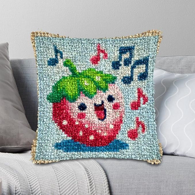 Handmade Pillow Covers Strawberry Singer Latch Hook Kit - 18x18 Inch DIY Craft for Adults & Kids, Creative Project for Throw Pillow Inserts & Home Decor