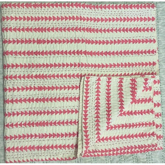 Handmade Pink Arrow Indian Hand Kantha Quilt | Block Print Cotton Bedspread | Boho Minimal Bedding | Reversible Lightweight Throw Blanket