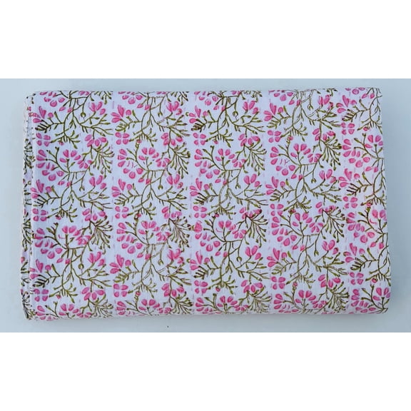 Handmade Pink Floral Block Print Indian Kantha Quilt – Soft Cotton Bedspread, Hand Block Printed Blanket, Eco Friendly Bedding