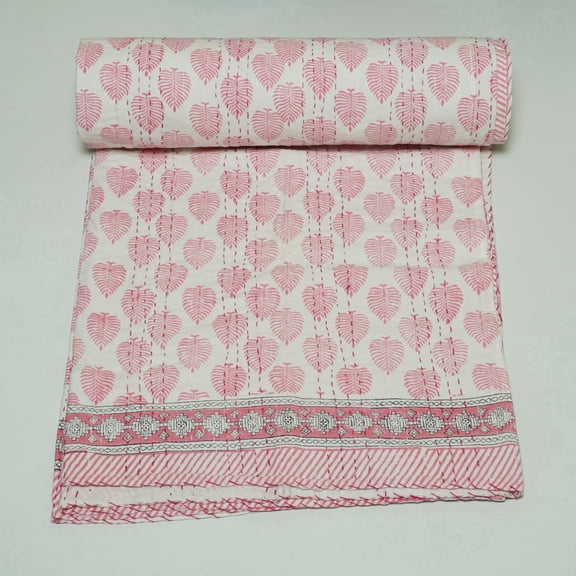 Handmade Pink Leaf Block Print Indian Kantha Quilt in Soft Cotton, Lightweight Floral Bedspread