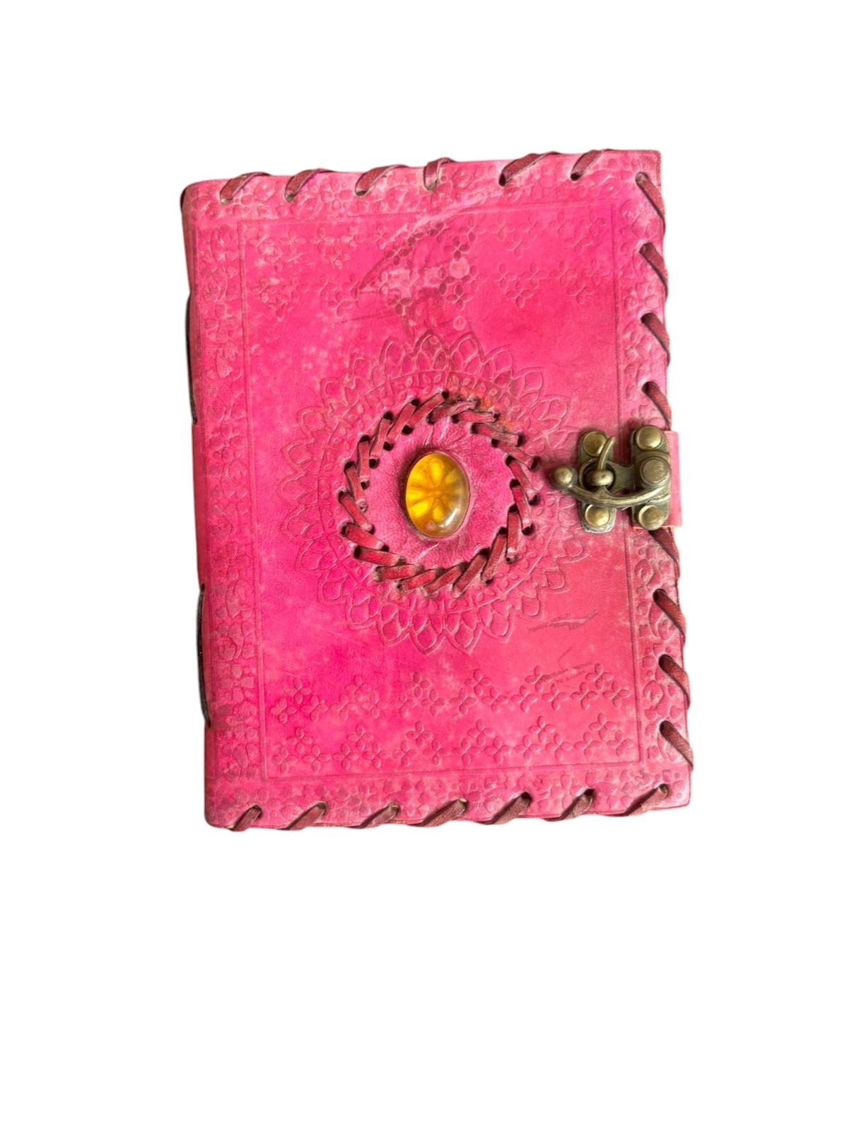 Handmade Pink Leather Journal with Stone Closure, White Drawing Pages, Vintage Notebook Diary 5x7 Inch
