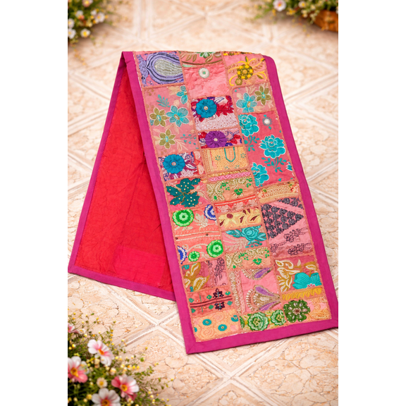 Handmade Pink Patchwork Table Runner, Boho Quilted Cotton Runner with Embroidery, Vintage Floral Dining Table Decor 36x12 Inches