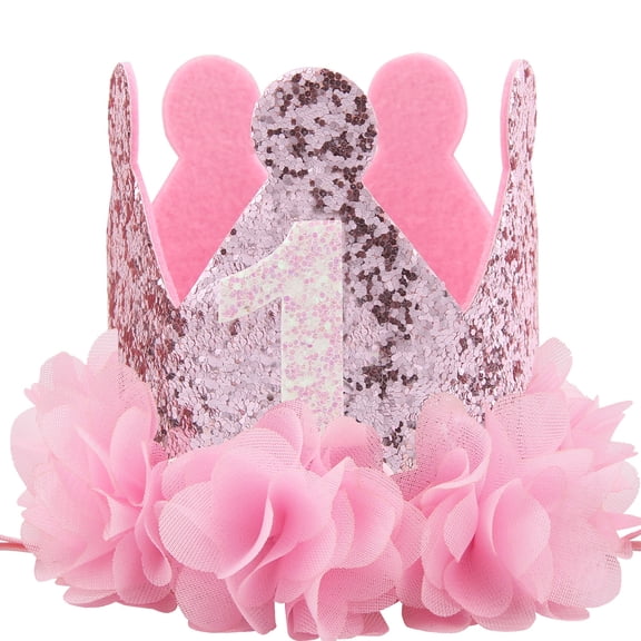 Handmade Pink Sequins Crown Hat for Baby Girls First Birthday Photo Shoot Accessory