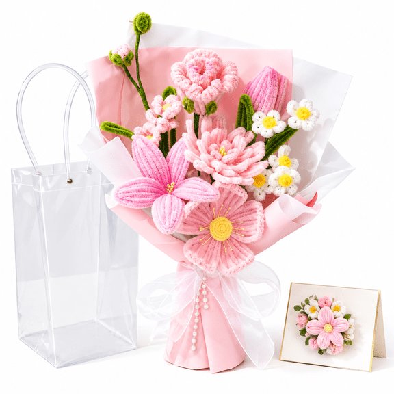 Handmade Pipe Cleaner & Crochet Flower Bouquet, Preserved Fake Flowers Gifts for Women Lover Anniversary Mother's Day Graduation (Sakura Pink)