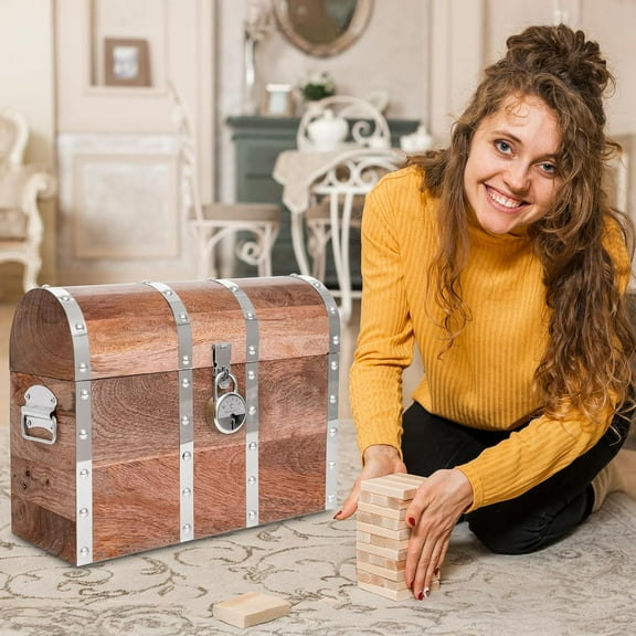 Handmade Pirate Chest with Lock and Keys - Vintage Wooden Storage Trunk 16 x 12 Inch