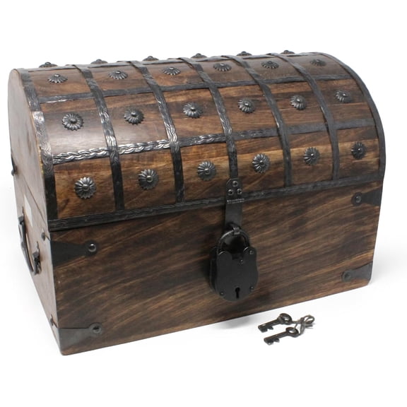 Handmade Pirate Treasure Chest for Kids Prizes & Classroom with Lock and Skeleton Keys Lockable Wooden Storage Chest Box, Pirate Decor, Decorative Wooden Box - X-Large 16x11x10.5