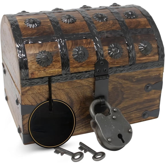 Handmade Pirate Treasure Chest for Prizes & Classroom with Lock & Skeleton Keys, Lockable Wooden Storage Box, Pirate Decor, X-Small 6.5x4.5x4.5