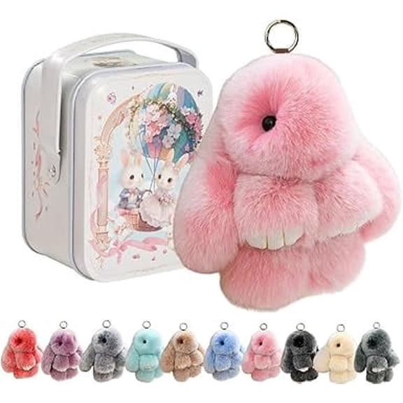 Handmade Plush Bunny Keychain, Soft Fluffy Rabbit Charm with Tin Box, Easter Gift