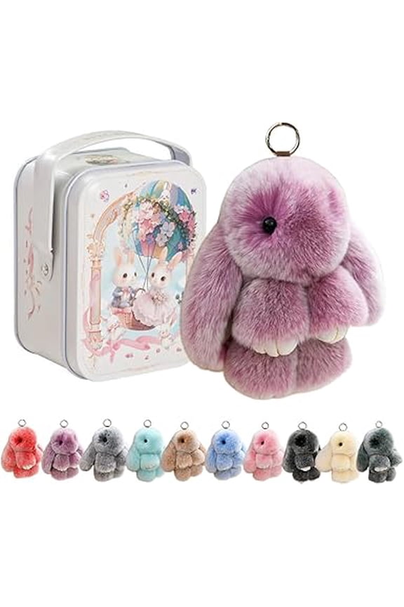 Handmade Plush Bunny Keychain with Tin | Soft Fluffy Rabbit Charm Key Ring, Easter Gift