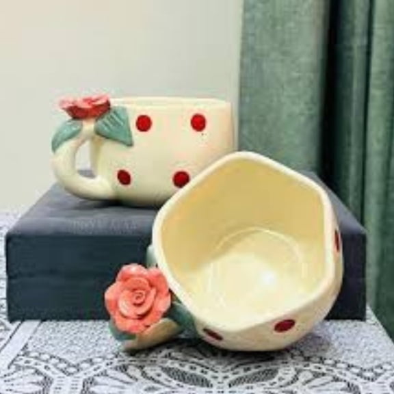 Handmade Polka Dot Coffee & Tea Cup | Unique Gift for Birthday, Valentine & Anniversary |3D Rose Ceramic Mug |240ML | Microwave Safe (Rose2)