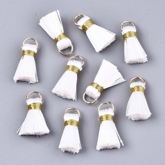 Handmade Polycotton(Polyester Cotton) Tassel Decorations Pendant Decorations with Golden Iron Loops White 17~21x10x5mm Jump Ring: 6x0.7mm Inner Diameter: 4.6mm