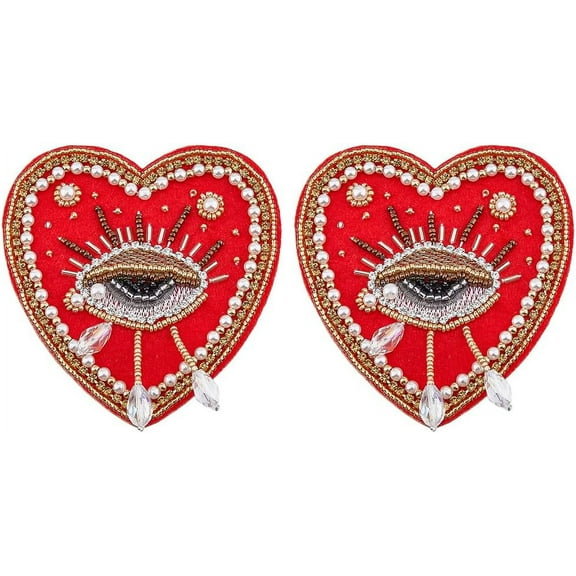 Handmade Polyester Cloth Patches Sew on Patches Plastic Imitation Pearl & Glass Beaded Heart with Weeping Eye Red 85x84x10mm