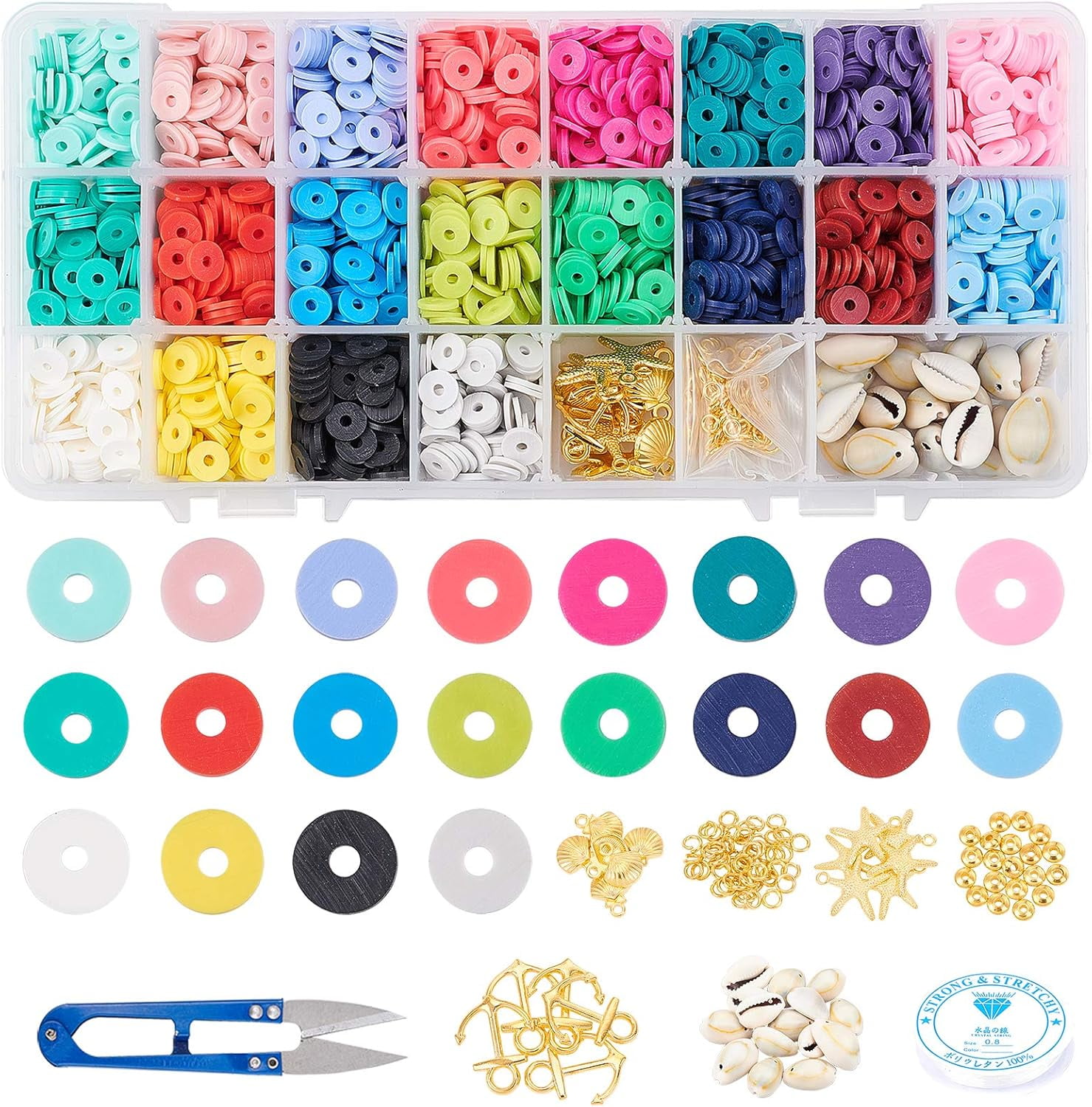 Handmade Polymer Clay Beads 4000 Pcs 20 Colors Flat Round Spacer Beads with Alloy Pendants and Cowrie Shell Beads for DIY Jewelry Necklace Bracelet Earring Craft Making