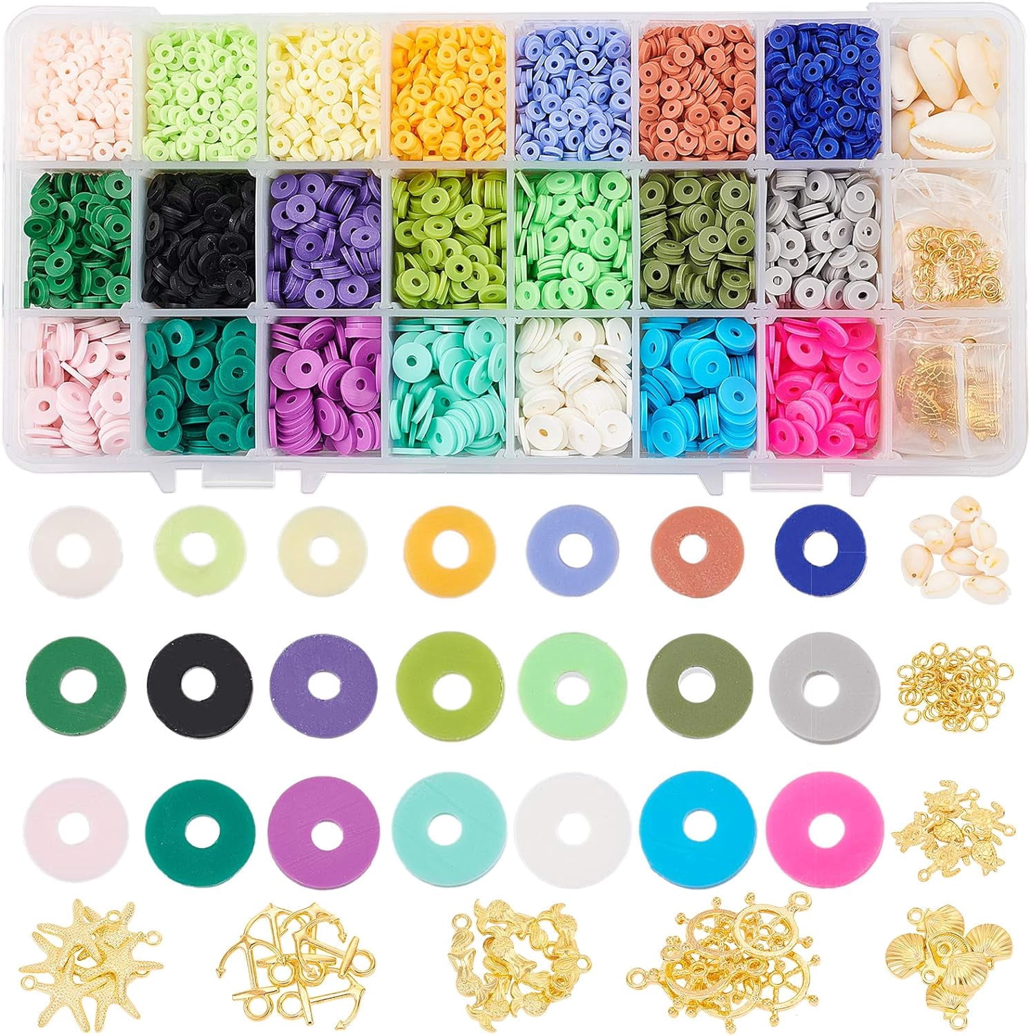 Handmade Polymer Clay Beads 6900 Pcs 3 Sizes 7 Colors Flat Round Spacer Beads with Alloy Pendants and Cowrie Shell Beads for DIY Jewelry Necklace Bracelet Earring Craft Making Mixed Color
