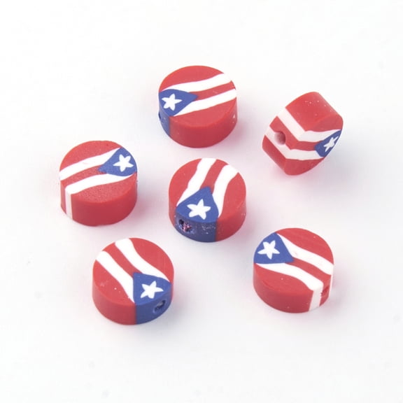 Handmade Polymer Clay Beads Flat Round & Flag Red 9~10x4~5mm Hole: 2mm