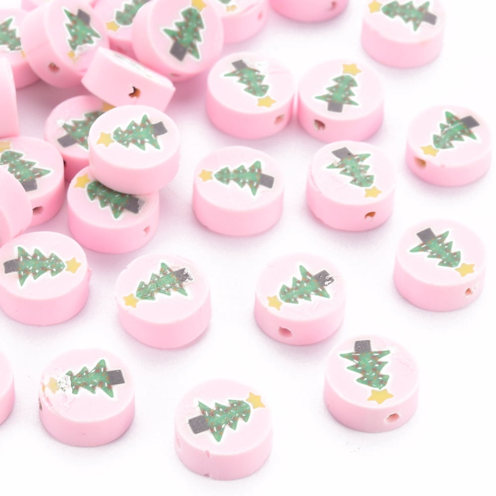 Handmade Polymer Clay Beads Flat Round with Christmas Tree Pink 10x4mm Hole: 1.6mm