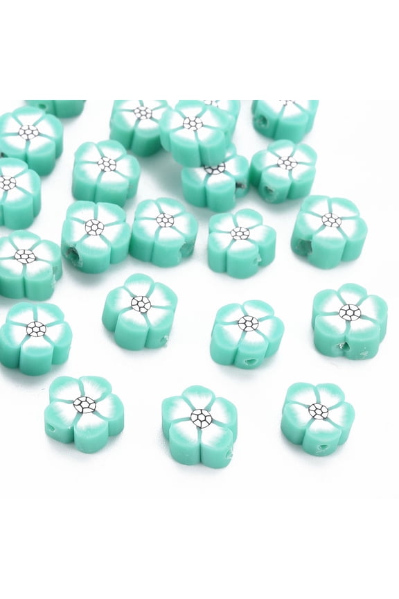 Handmade Polymer Clay Beads Flower Turquoise 9~10x9~10x4~5mm Hole: 1.2mm