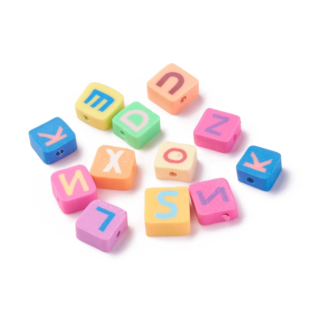 Handmade Polymer Clay Beads Horizontal Hole Square with Letter Mixed Color 8.5~10.5x8.5~10.5x4.3~5.3mm Hole: 2.5mm diy