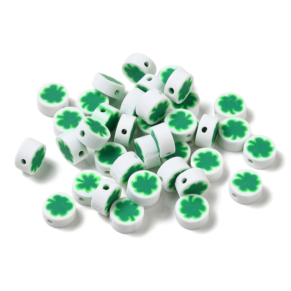 Handmade Polymer Clay Beads Round with Clover Medium Sea Green 9.5x4.5mm Hole: 1.6mm