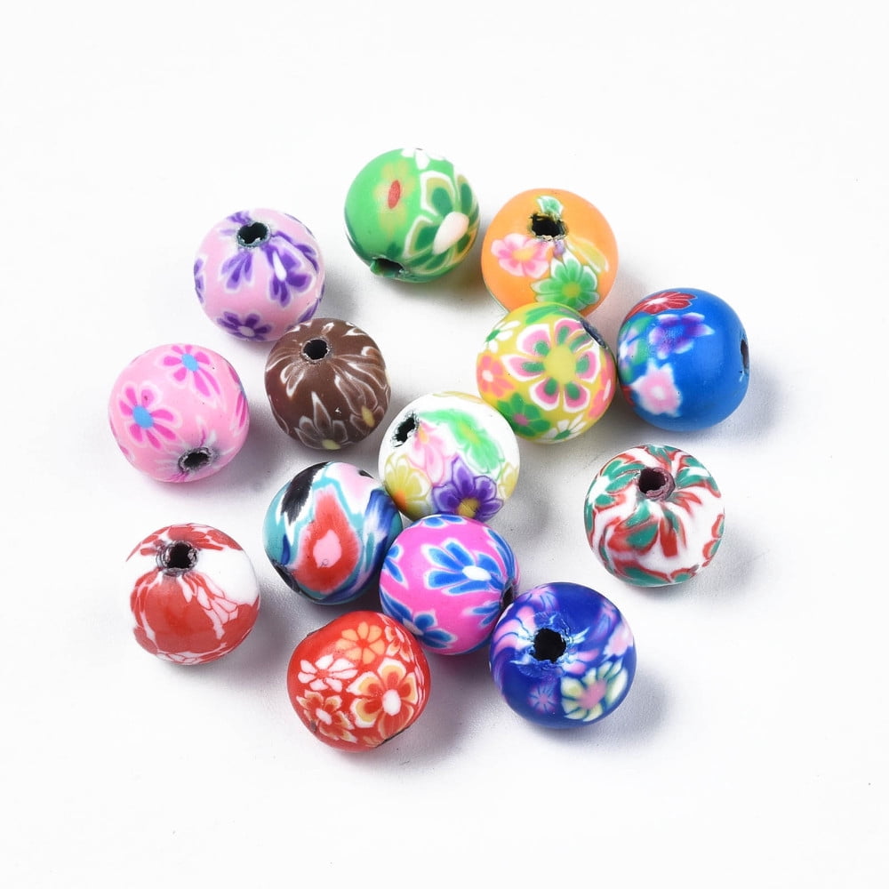 Handmade Polymer Clay Beads Round with Flower Mixed color 10~11x10mm Hole: 1.6mm Polymer Clay