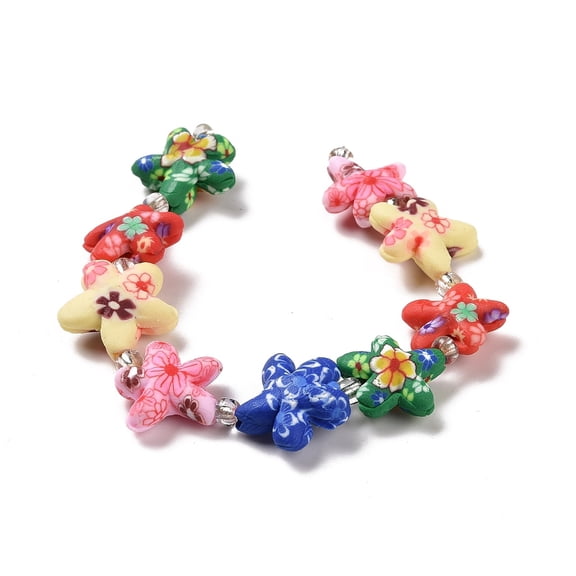 Handmade Polymer Clay Beads Strands with Seed Beads Starfish with Flower Pattern Colorful 15~17x15.5~17.5x5~6.5mm Hole: 1.4mm about 9pcs/strand 6.10 inch(15.5cm)