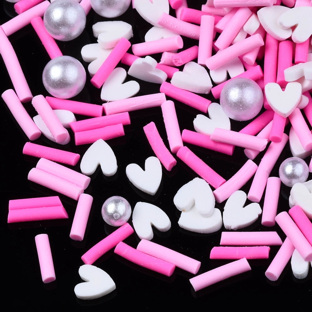 Handmade Polymer Clay Cabochons Fashion Nail Art Decoration Accessories with Plastic Imitation Pearl Beads Mixed Shapes Hot Pink 2~12x1.5~5x1~5mm