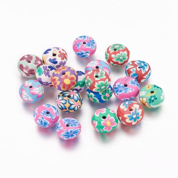 Handmade Polymer Clay Flat Round Beads with Flower Pattern Mixed Color 11~12x6~7mm Hole: 1.8~3mm