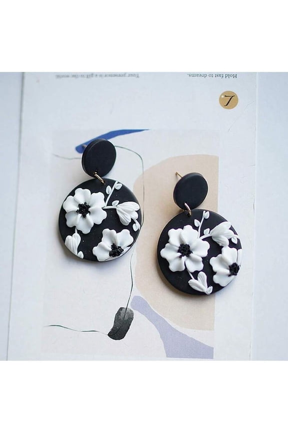 Handmade Polymer Clay Floral Dangle Earrings Black With White 3D Flowers Gold-Tone Posts
