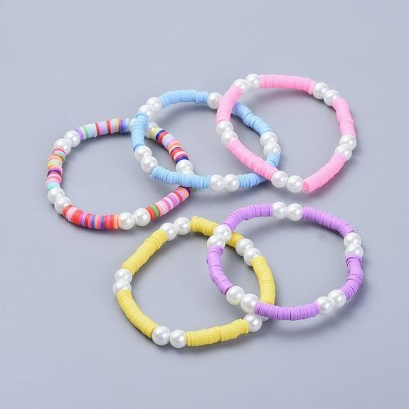 Handmade Polymer Clay Heishi Beads Kids Stretch Bracelets with Glass Pearl Beads Mixed color 1-3/4 inch(4.5cm)