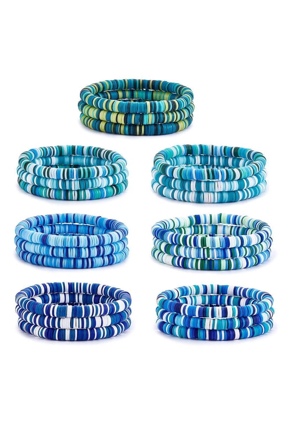 Handmade Polymer Clay Heishi Surfer Stretch Bracelets Set Stackable Preppy Bracelets for Women Deep Sky Blue Inner Diameter: 2-1/8 inch(5.3cm) 21Pcs/set