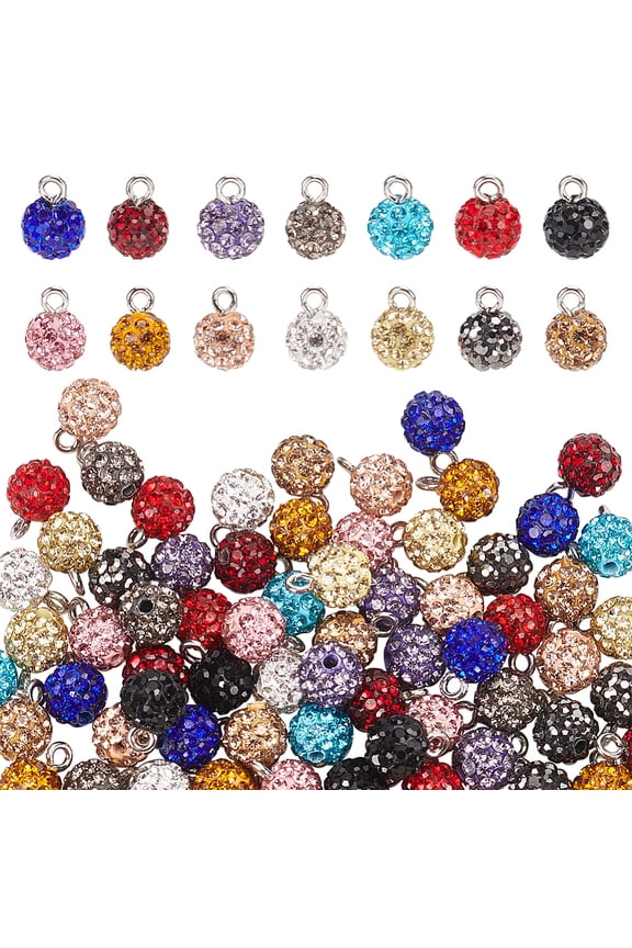 Handmade Polymer Clay Rhinestone Charms Round Charms with Platinum Tone Iron Loops Mixed Color 10x8mm Hole: 2mm 14 colors 6pcs/color 84pcs/set