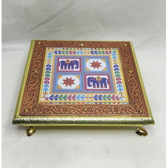 Handmade Pooja Chowki Wooden Puja Bajot Brass Indian Stool Traditional Table Chaurang Home Decor for Prayers Temple Sitting 3 x 10 inch Yellow With Brown - AtoZ India Cart